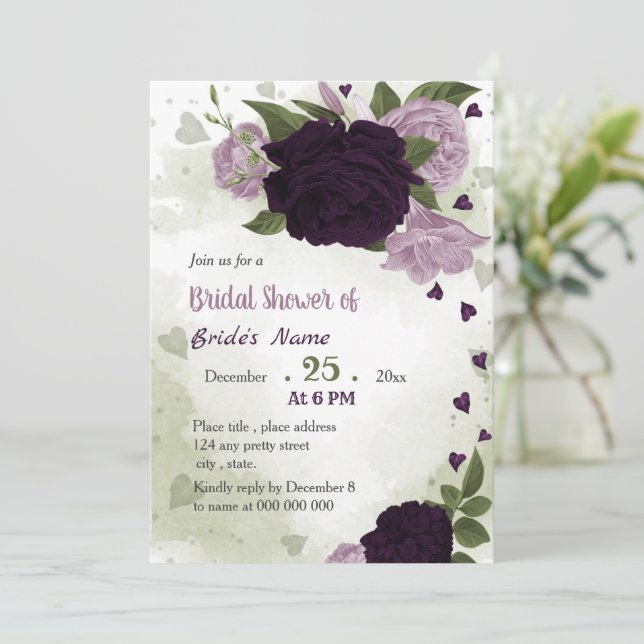 purple flowers greenery bridal shower invitation (Standing Front)