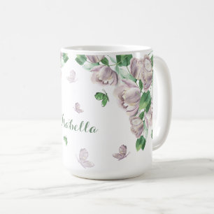 purple flowers greenery butterflies  coffee mug