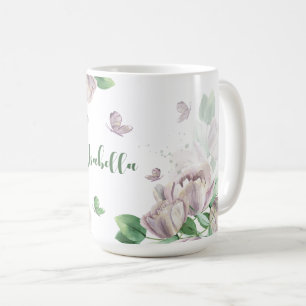 purple flowers greenery butterflies coffee mug