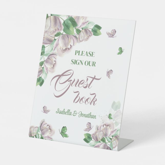 purple flowers greenery butterflies tabletop pedestal sign (Front)