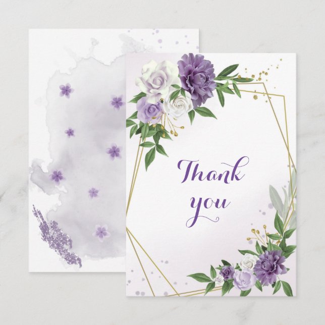 purple flowers greenery gold geometric thank you card (Front/Back)