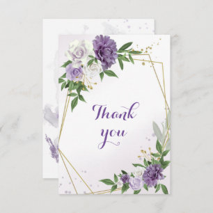 purple flowers greenery gold geometric thank you card