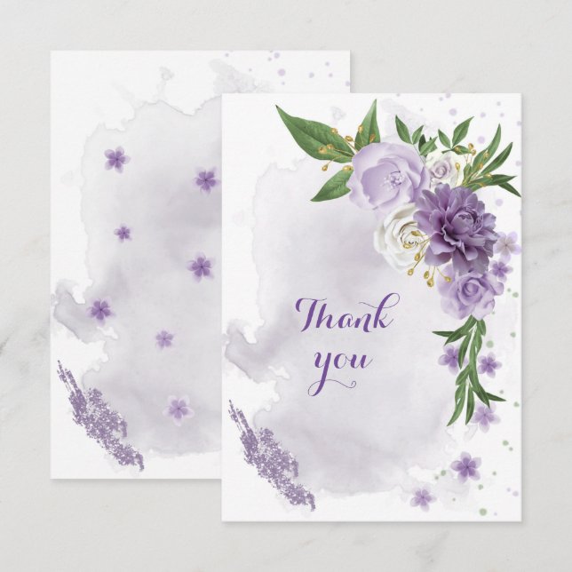 purple flowers greenery gold thank you card (Front/Back)