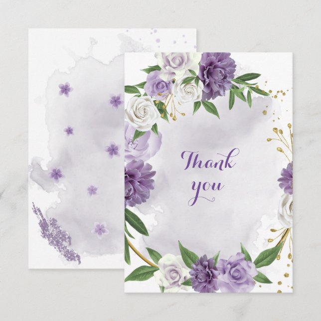 purple flowers greenery gold thank you card (Front/Back)