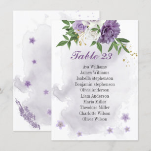 purple flowers greenery seating chart card