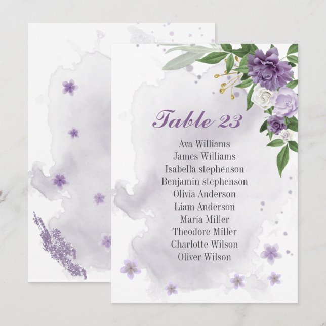 purple flowers greenery seating chart card (Front/Back)