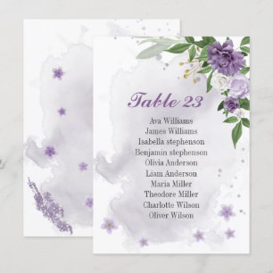 purple flowers greenery seating chart card