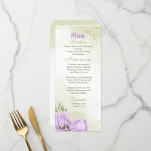 purple flowers greenery wedding menu