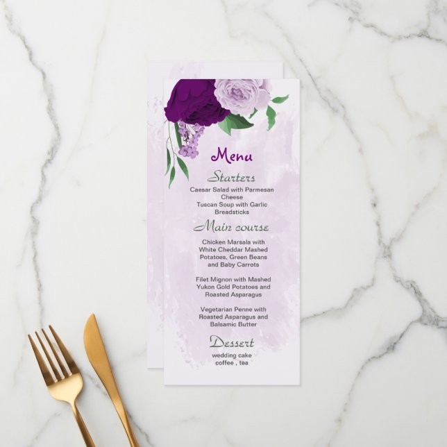 Purple flowers greenery wedding menu (Front/Back In Situ)