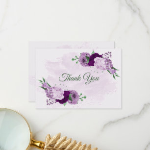 Purple flowers greenery wedding thank you card