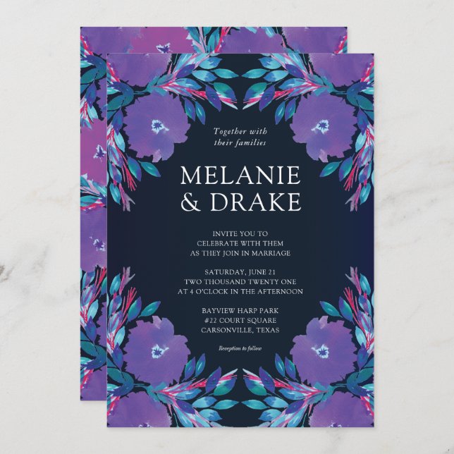 Purple Flowers Handpainted Wedding Invitation (Front/Back)