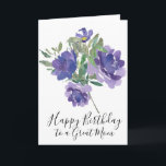 Purple Flowers Happy Birthday Card for Mother<br><div class="desc">Gorgeous purple watercolor flowers bring your birthday wishes for your mom. The purple flowers have both light and dark purple petals and look beautiful against the green leaves. Happy birthday to a great mom is written below in a modern script text. Feel free to change the greeting.</div>