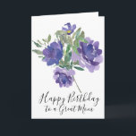 Purple Flowers Happy Birthday Card for Mother<br><div class="desc">Gorgeous purple watercolor flowers bring your birthday wishes for your mom. The purple flowers have both light and dark purple petals and look beautiful against the green leaves. Happy birthday to a great mom is written below in a modern script text. Feel free to change the greeting.</div>