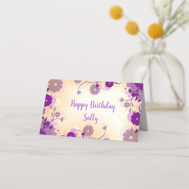Purple flowers happy birthday place card (Front)