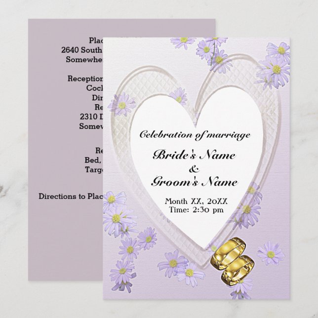 Purple Flowers, Heart Frame, Rings, Wedding Invite (Front/Back)