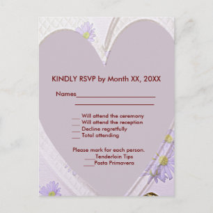 Purple Flowers Heart Wedding Dinner RSVP Postcard