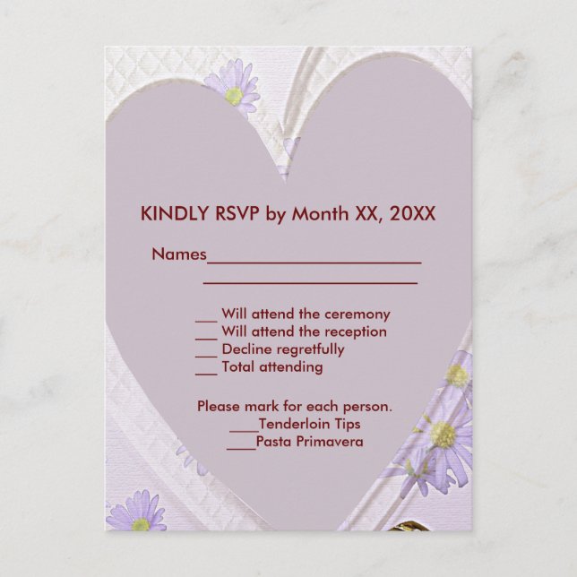 Purple Flowers Heart Wedding Dinner RSVP Postcard (Front)
