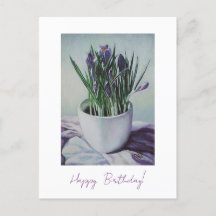 Purple flowers in a cup painting birthday art card