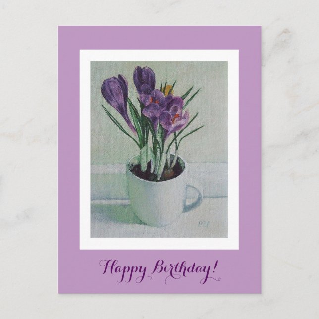 Purple flowers in a cup painting birthday art card (Front)