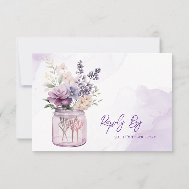 Purple Flowers In Mason Jar Rustic Elegant Wedding RSVP Card (Front)