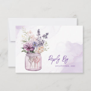 Purple Flowers In Mason Jar Rustic Elegant Wedding RSVP Card