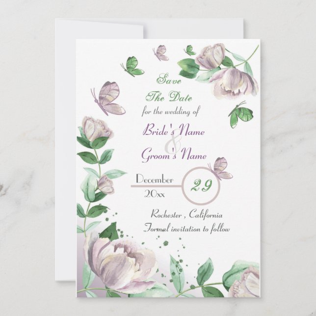 purple flowers & leaves butterflies save the date  invitation (Front)