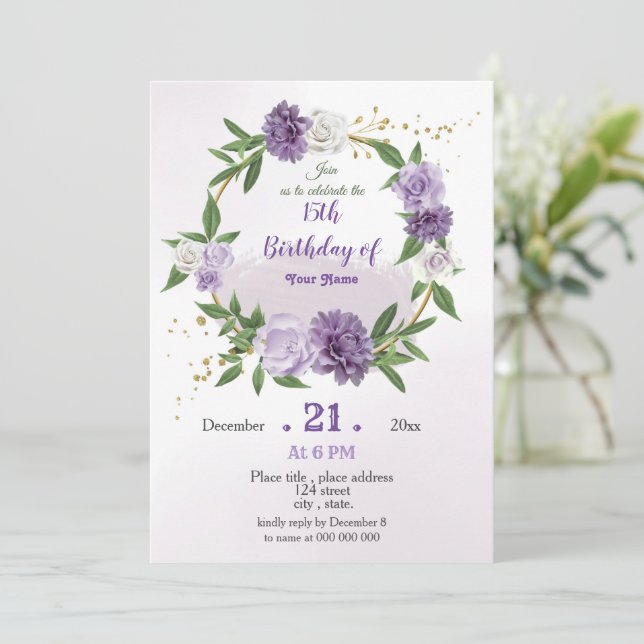purple flowers & leaves wreath birthday invitation (Standing Front)