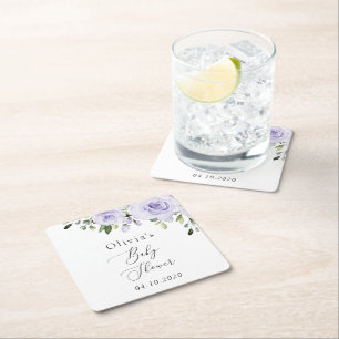 Purple Flowers, Lilac Flowers, Boho, Baby Shower Square Paper Coaster