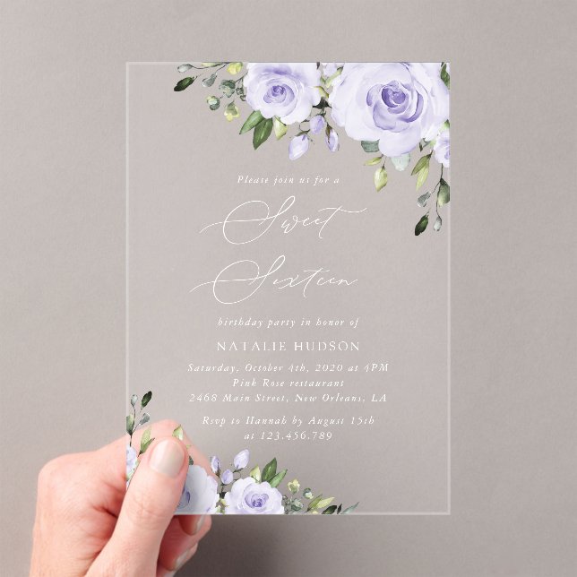 Purple Flowers, Lilac Flowers, Boho, Sweet 16 Acrylic Invitations (Insitu (Handheld))