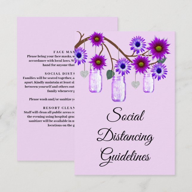 Purple Flowers Mason Jar Safety Measures Enclosure Card (Front/Back)