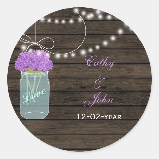 Purple Flowers Mason Jars Barn Wood Wedding Classic Round Sticker (Front)