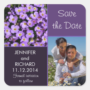 purple flowers modern save the date photo sticker