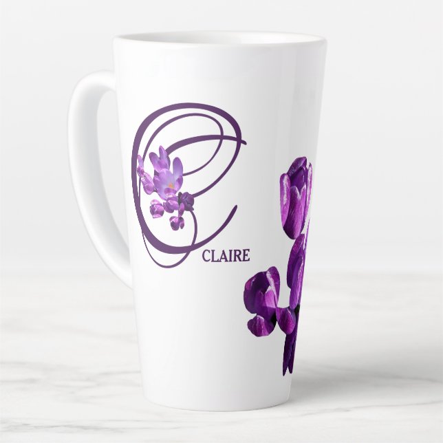 Purple flowers monogram C personalized customizabe Latte Mug (Left Angle)