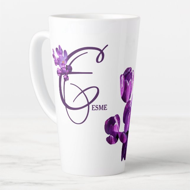 Purple flowers monogram E personalize customizable Latte Mug (Left Angle)
