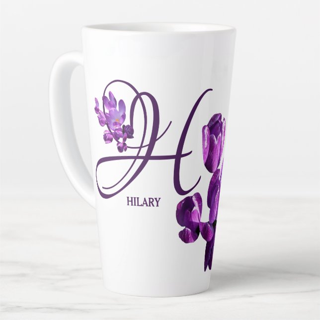 Purple flowers monogram H personalize customizable Latte Mug (Left Angle)