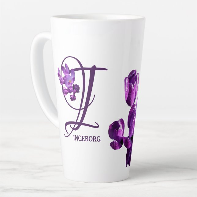 Purple flowers monogram I personalize customizable Latte Mug (Left Angle)