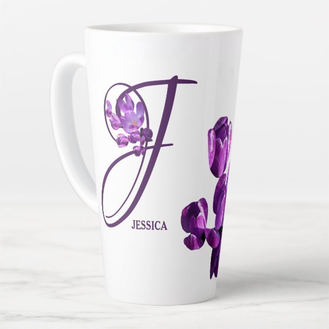 Purple flowers monogram J personalize customizable Latte Mug (Left Angle)