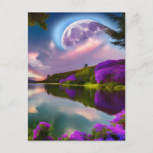 Purple flowers Moon and lake reflection  Postcard