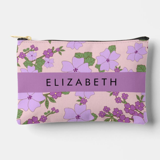 Purple Flowers, Pattern Of Flowers, Your Name Accessory Pouch (Front)