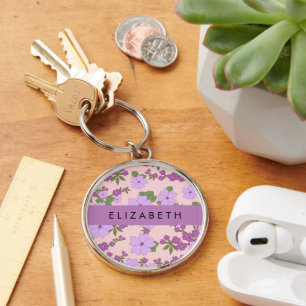 Purple Flowers, Pattern Of Flowers, Your Name Keychain