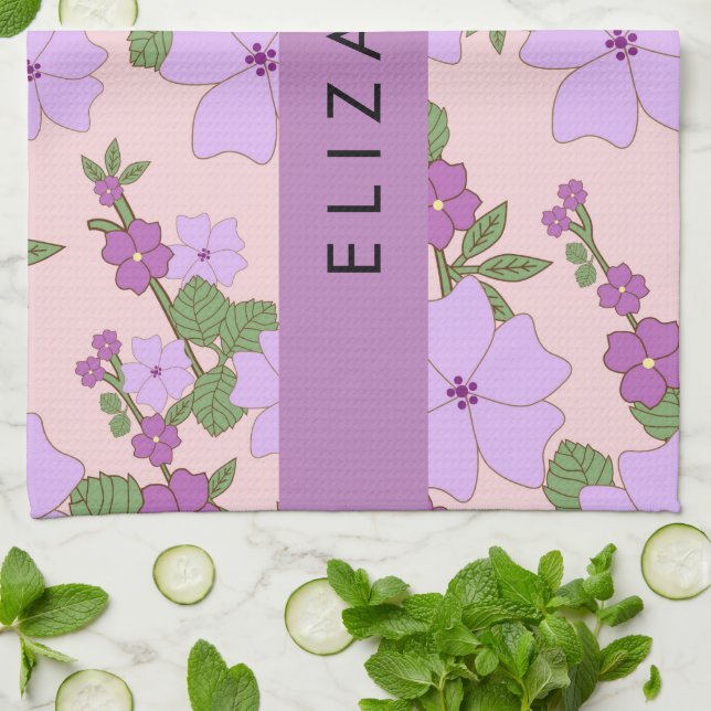Purple Flowers, Pattern Of Flowers, Your Name Kitchen Towel (Folded)