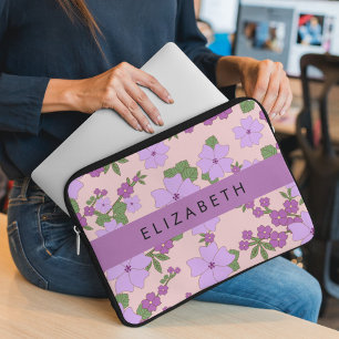 Purple Flowers, Pattern Of Flowers, Your Name Laptop Sleeve