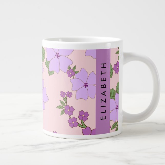 Purple Flowers, Pattern Of Flowers, Your Name Large Coffee Mug (Right)