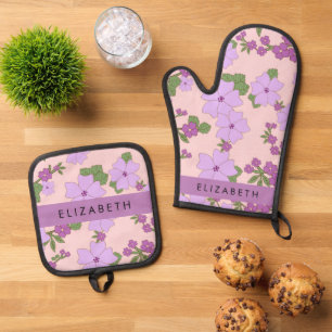 Purple Flowers, Pattern Of Flowers, Your Name Oven Mitt & Pot Holder Set