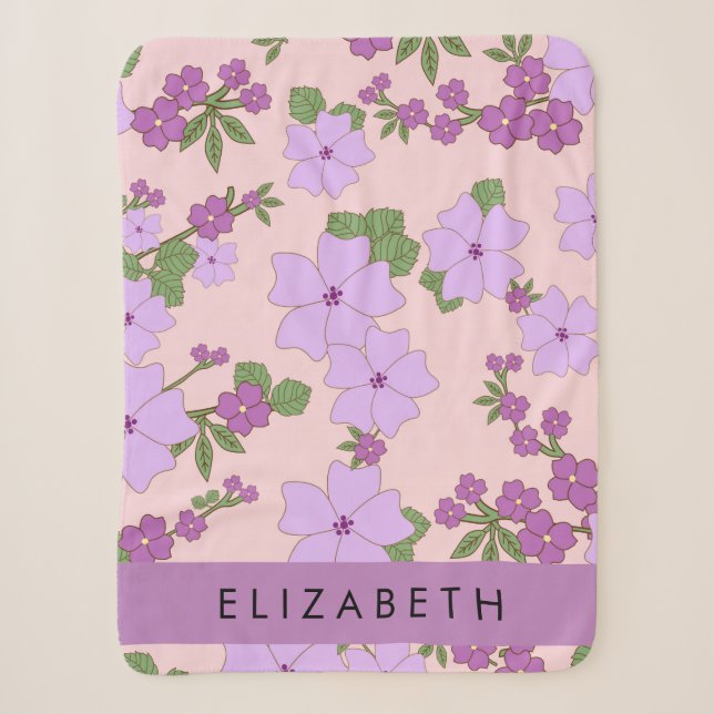 Purple Flowers, Pattern Of Flowers, Your Name Sherpa Blanket (Front)