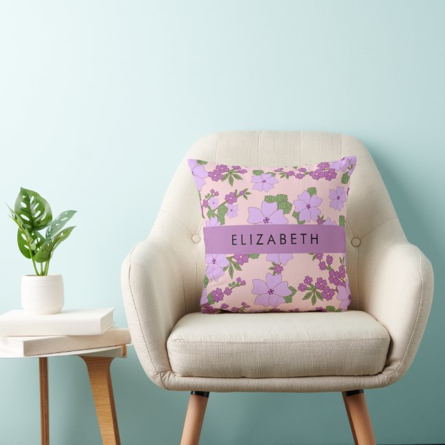 Purple Flowers, Pattern Of Flowers, Your Name Throw Pillow (Chair)