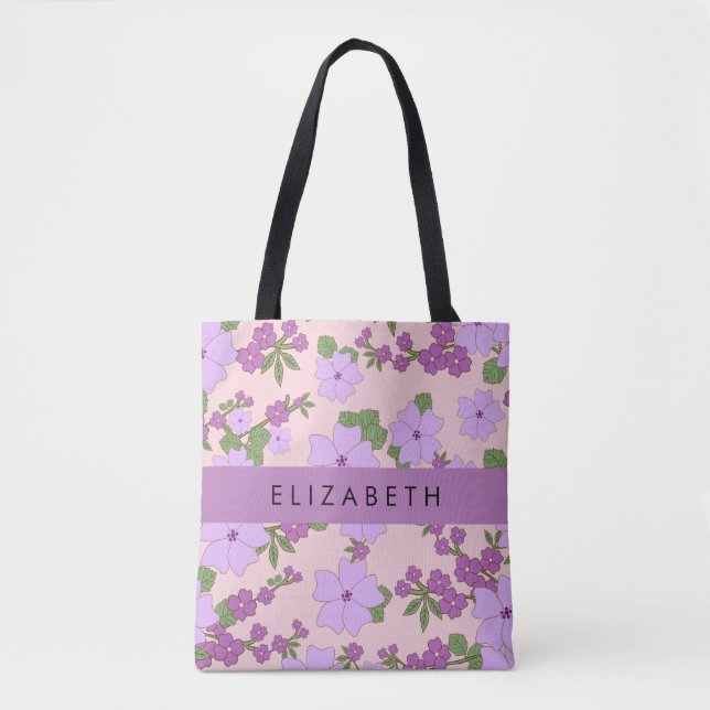 Purple Flowers, Pattern Of Flowers, Your Name Tote Bag (Front)