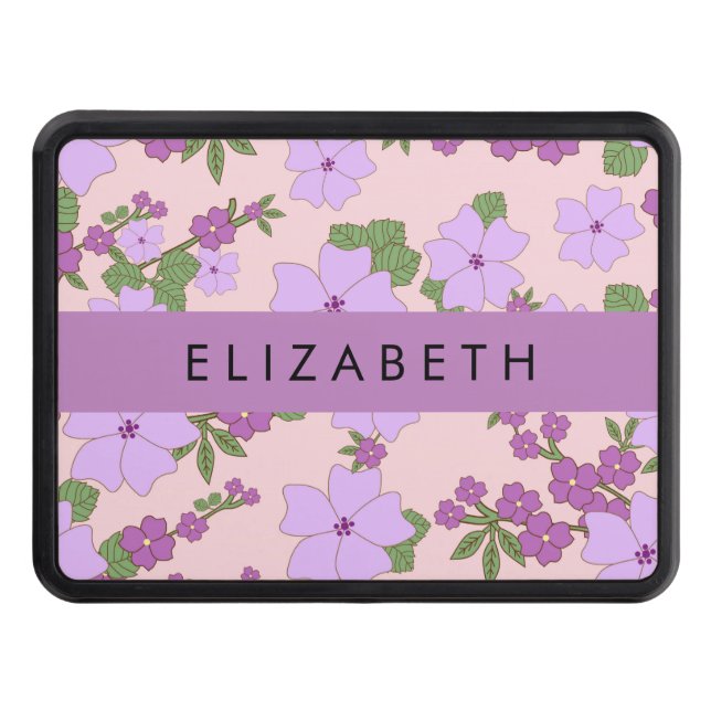 Purple Flowers, Pattern Of Flowers, Your Name Trailer Hitch Cover (Front)