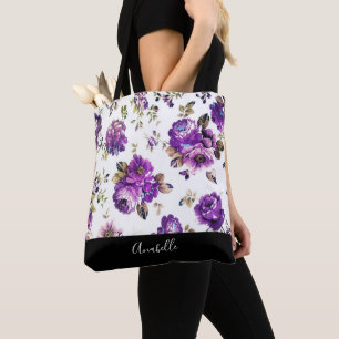Purple Flowers Pattern with Monogram Tote Bag