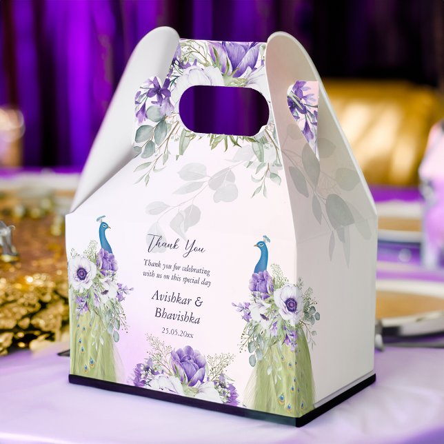 Purple flowers peacock wedding favour gift  favor box (Purple flowers peacocks  wedding favor gifts personalized printed  favor box template)